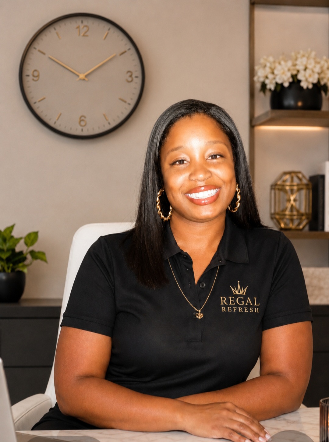 Natalie, founder of Regal Refresh LLC, smiling in a professional office setting